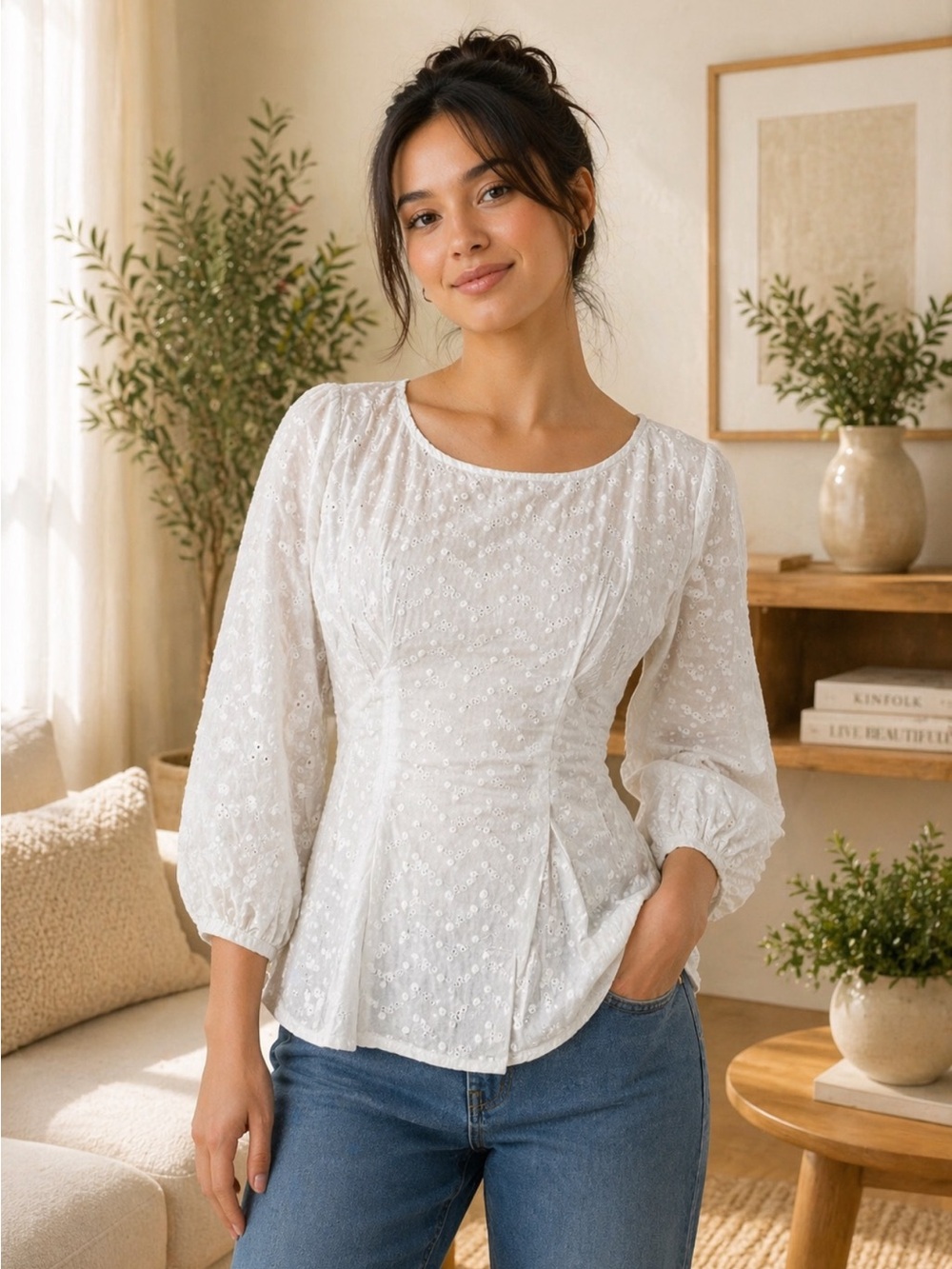NWT Tulip B 3/4 Sleeve White Eyelet Blouse - Women's Size S 100% Cotton